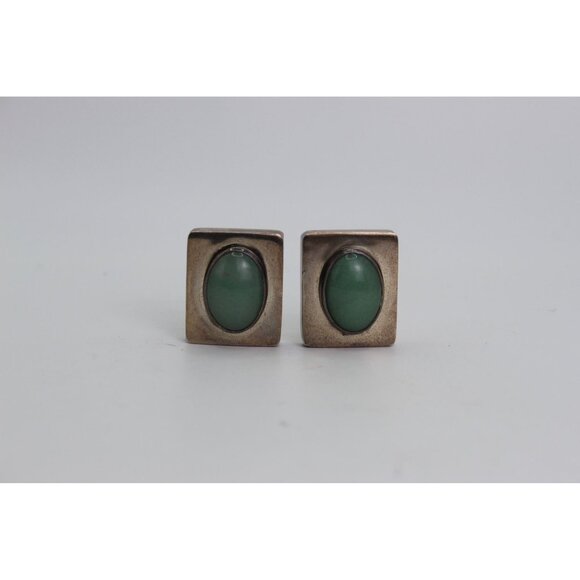 Taxco Sterling Silver Earrings, Green Stone Cabochons, Modernish Square, Clip On - Picture 2 of 11